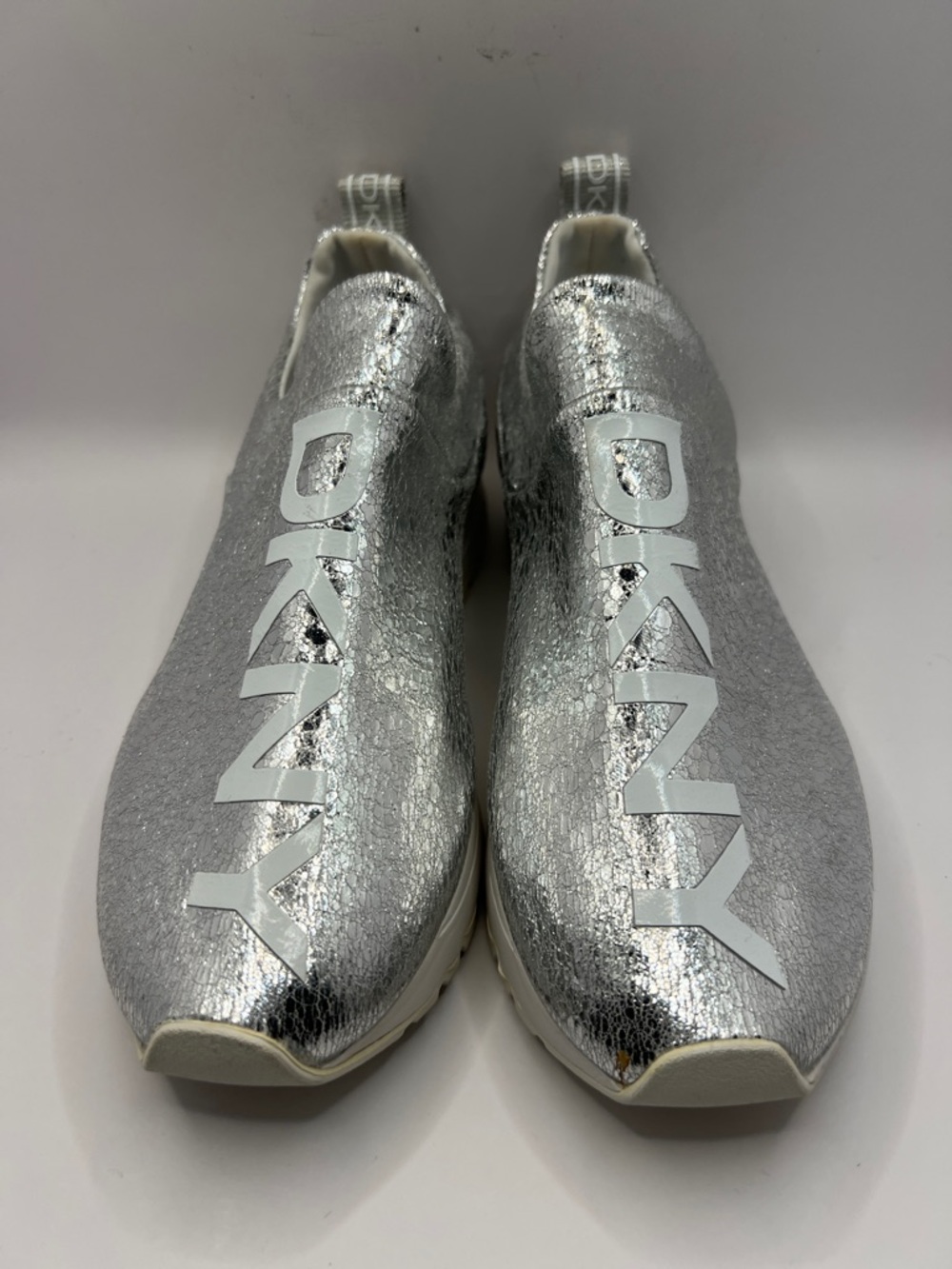 DKNY Silver Metallic Logo Slip-On Sneakers